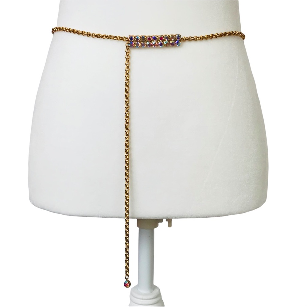 Aurora Borealis Rhinestone AB Bar Goldtone Chain Link Belt